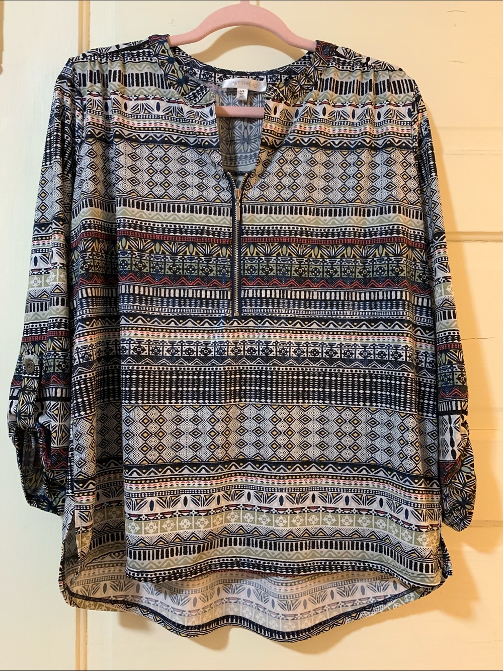 Multicolor Geometric Zip-Front Tunic Top - Roll-Sleeve
